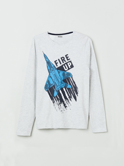 

max Boys Grey Printed Round Neck Pure Cotton T-shirt
