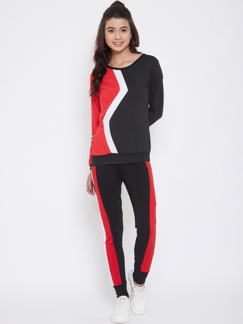 

CHROME & CORAL Women Black & Red Colourblocked Tracksuit