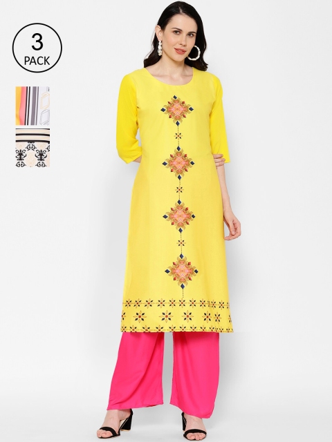 

7Threads Women Set Of 3 Multicoloured Printed Straight Kurta, Yellow