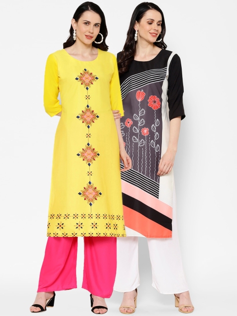 

7Threads Women Pack Of 2 Printed Straight Kurtas, Yellow
