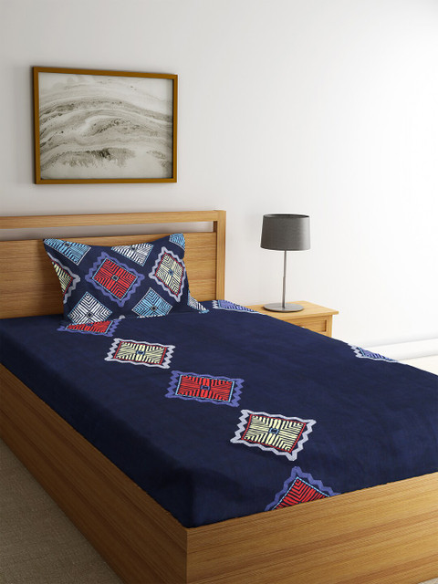 

HOSTA HOMES Blue & Yellow Geometric 210 TC 100% Cotton Single Bedsheet with 1 Pillow Cover