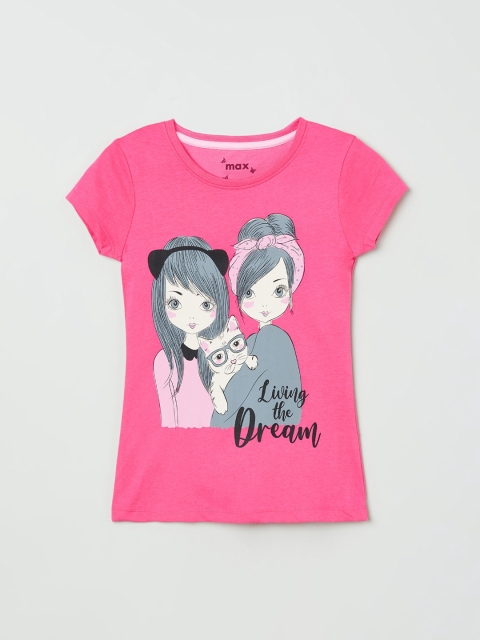 

max Girls Pink Printed Round Neck Cotton T-shirt