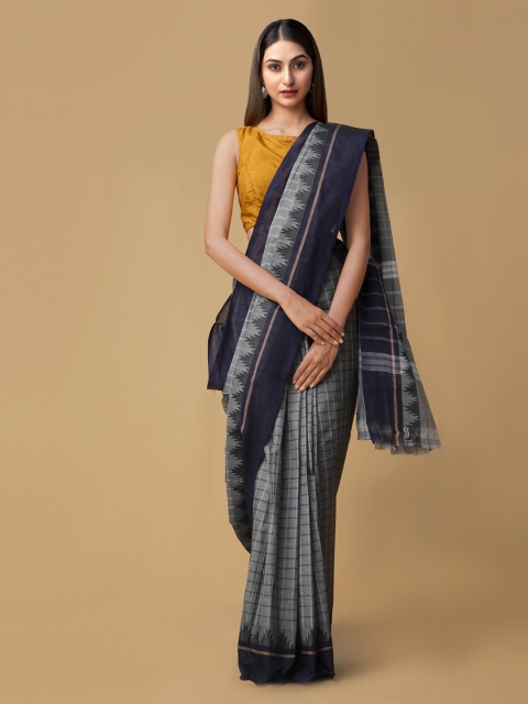 

Unnati Silks Grey Pure Cotton Checked Kanjeevaram Saree