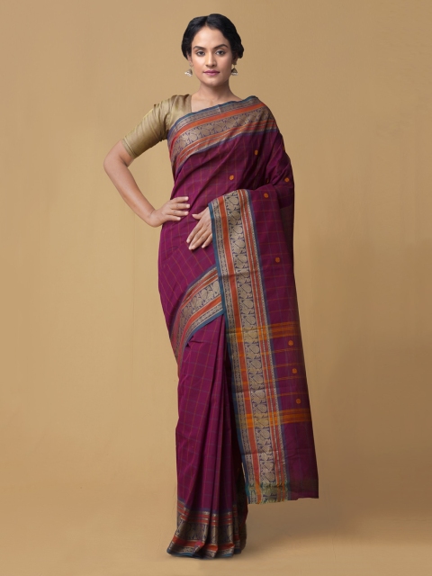 Unnati Silks Purple Pure Cotton Checked Kanjeevaram Saree