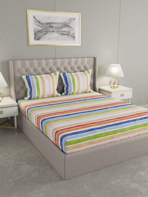 

Raymond Home White & Green Striped 100% cotton 144 TC Double bedsheet with 2 pillow covers