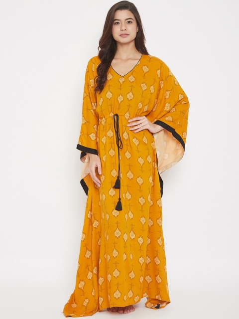 

The Kaftan Company Women Mustard Yellow & Black Printed Kaftan Nightdress