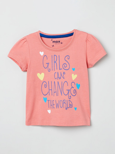 

max Girls Peach-Coloured Printed Round Neck Cotton T-shirt