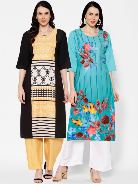 

7Threads Women Pack Of 2 Printed Straight Kurtas, Black
