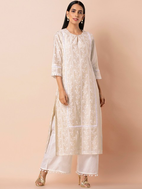 

INDYA Women Beige Printed A-Line Kurta
