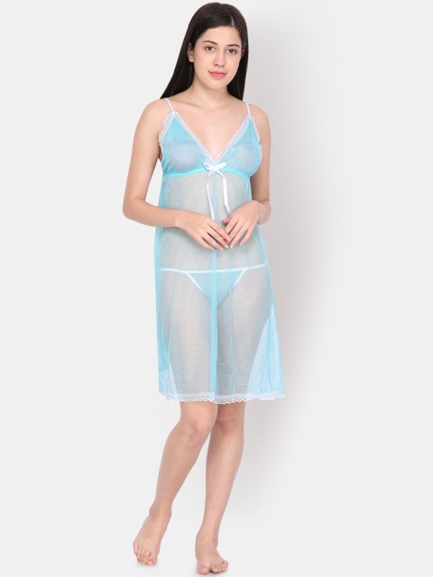 

Ms.Lingies Women Blue Self Design Baby Doll With Thongs