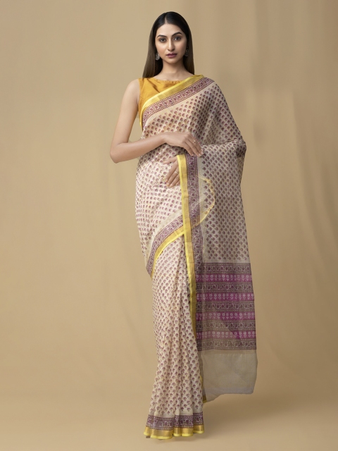 

Unnati Silks Yellow & Beige Pure Cotton Printed Kota Saree