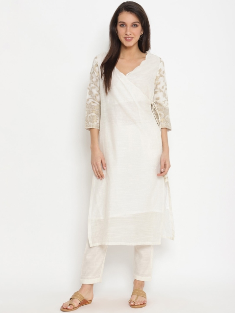 

Abhishti Women White Woven Design Kurta with Trousers