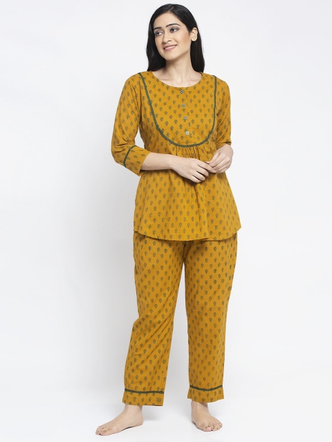 

Aujjessa Women Mustard Yellow & Green Printed Night Suit
