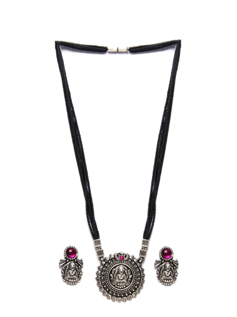 

Alankruthi Oxidized Silver-Plated Black & Magenta Stone-Studded Jewellery Set
