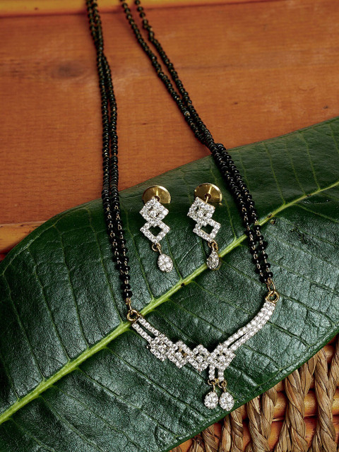 

PANASH Gold-Plated Black & White Stone-Studded Beaded Mangalsutra