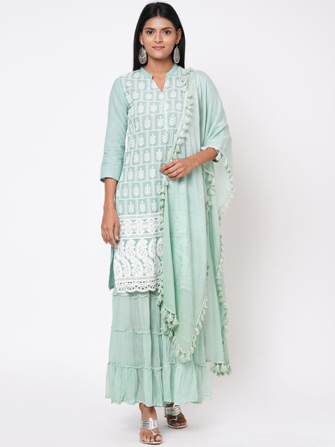 

FASHOR Women Green Embroidered Kurta with Sharara & Dupatta