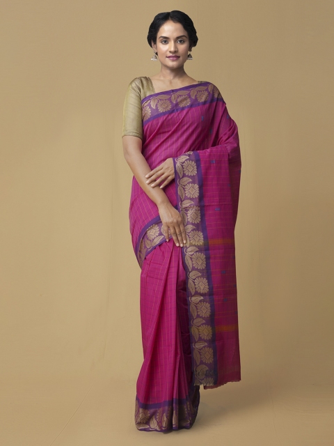 

Unnati Silks Pink Pure Cotton Checked Kanjeevaram Saree