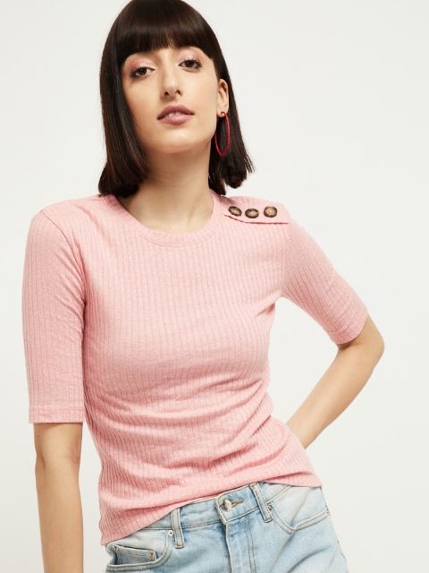 max Women Pink Solid Fitted Top