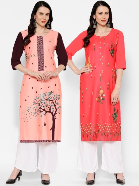 

7Threads Women Pack Of 2 Printed Straight Kurtas, Peach