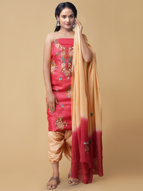 

Unnati Silks Women Red & Beige Embroidered Handloom Phulkari Tussar Silk Dress Material