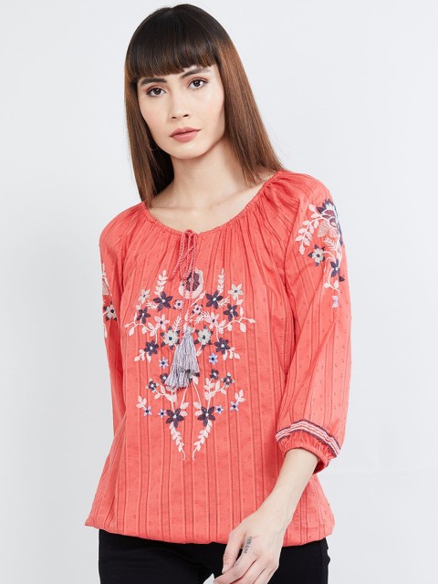 

max Women Coral Pink Embroidered Blouson Top