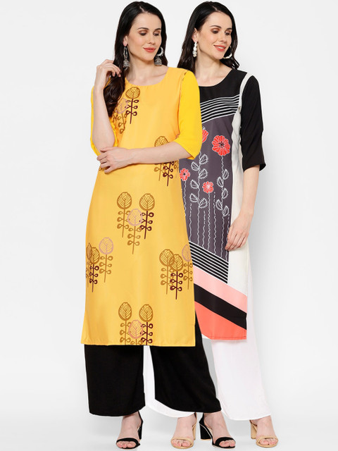 

7Threads Women Pack Of 2 Printed Straight Kurtas, Yellow