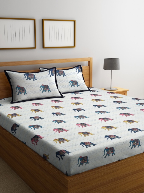 

HOSTA HOMES White & Blue Ethnic Printed 300TC Double King Bedsheet With 2 Pillow Covers