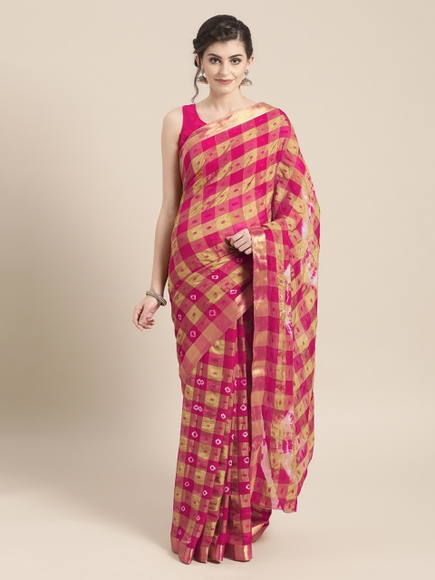 

Chhabra 555 Pink & Gold-Toned Poly Chiffon Checked Bandhani Saree