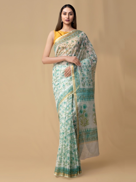 Unnati Silks Green Pure Cotton Printed Kota Handloom Saree