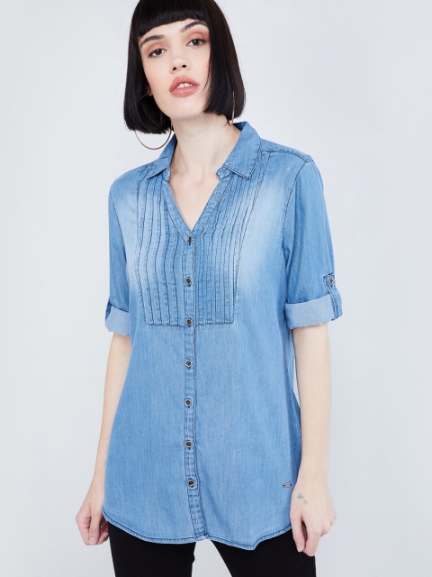 

max Women Blue Solid Shirt Style Top