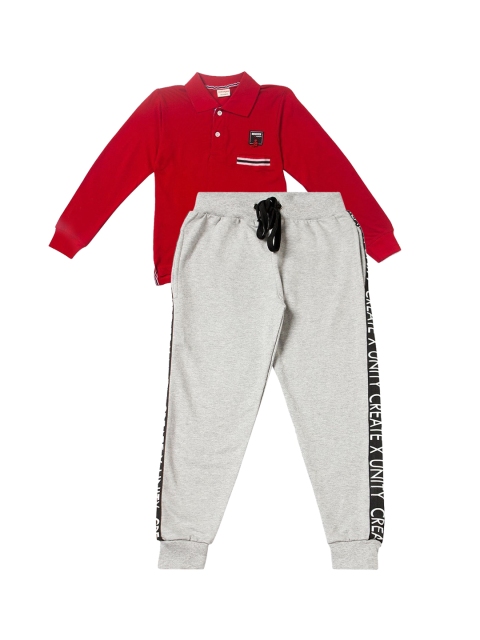 

RAINE AND JAINE Boys Red & Grey Solid Cotton T-Shirt With Joggers