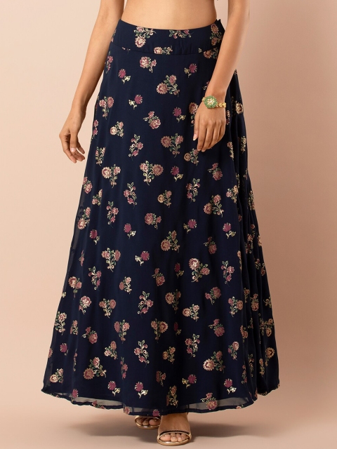 

INDYA Women Blue & Pink Floral Printed Maxi Flared Skirt