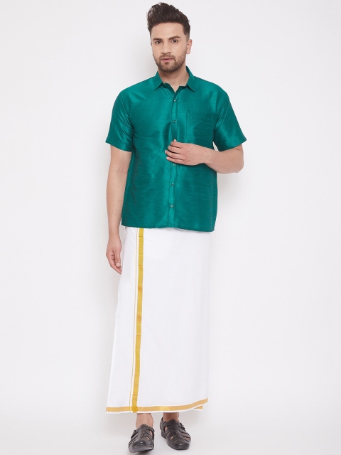

VASTRAMAY Men Green & White Solid Relaxed-Fit South Indian Style Shirt & Mundu Set