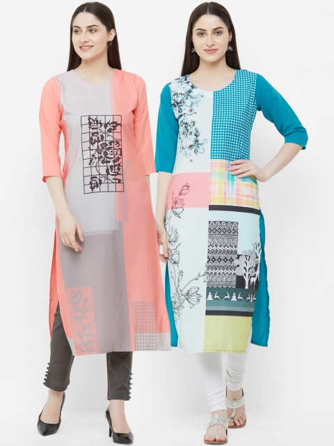 

7Threads Women Set Of 2 Peach-Coloured & White Printed Straight Kurta