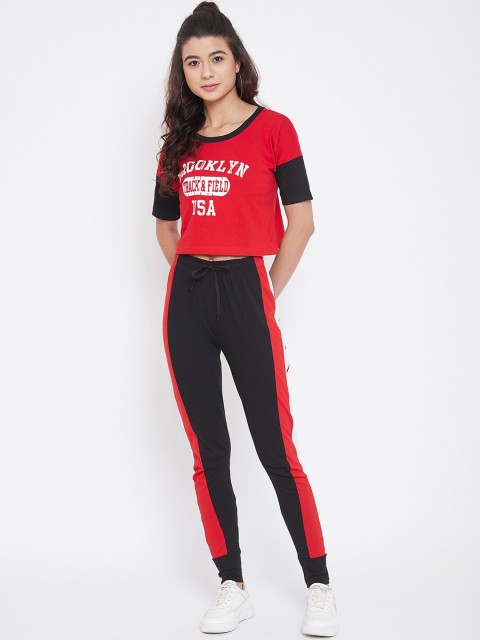 

CHROME & CORAL Women Red & Black Typography Track Suit