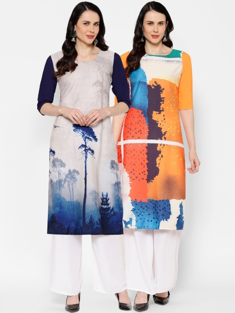 

7Threads Women Set Of 2 Grey & Orange Printed Straight Kurta
