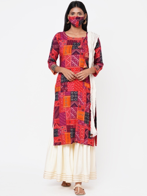 

FASHOR Women Red & Off-White Printed Kurta with Skirt & Dupatta