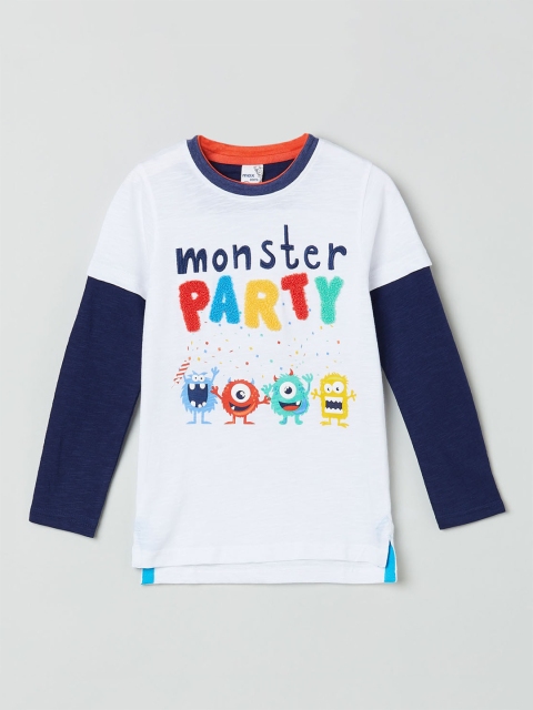 

max Boys White Printed Round Neck Cotton T-shirt