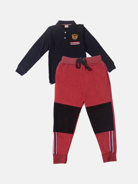 

RAINE AND JAINE Boys Navy Blue & Maroon Colourblocked Clothing Set
