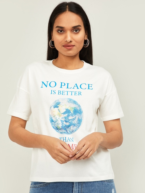 

Ginger by Lifestyle Women White Printed Round Neck T-shirt