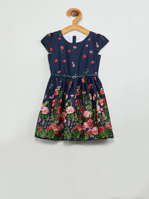 

max Girls Navy Blue Printed Fit and Flare Dress