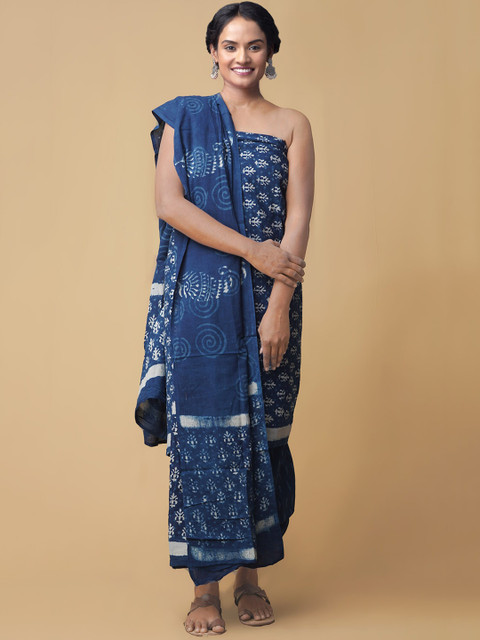 

Unnati Silks Women Blue & White Dabu Printed Dress Material