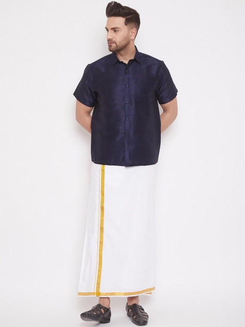 

VASTRAMAY Men Navy Blue & White Solid Relaxed-Fit South Indian Style Shirt & Mundu Set