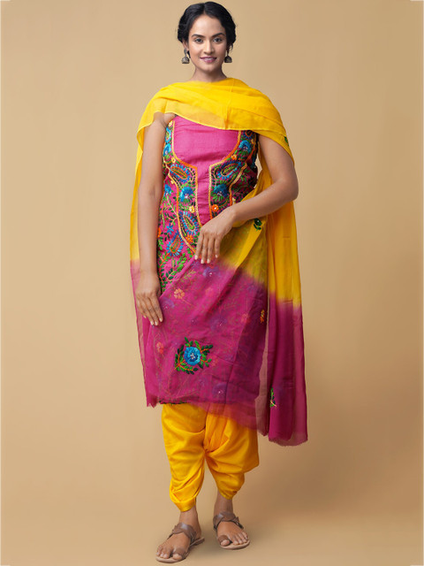 

Unnati Silks Women Pink & Yellow Unstitched Sustainable Dress Material