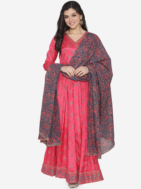 

TARA-C-TARA Women Magenta & Navy Blue Floral Printed Maxi Dress with Dupatta