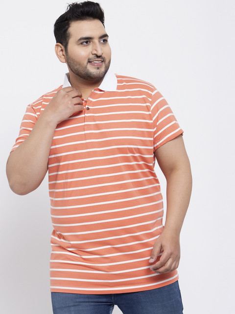 

plusS Men Peach & White Striped Polo Collar T-shirt