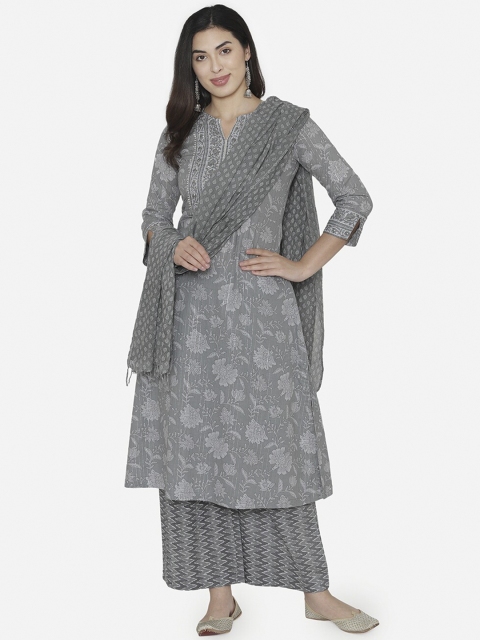 

TARA-C-TARA Women Grey Printed Kurti with Palazzos & Dupatta
