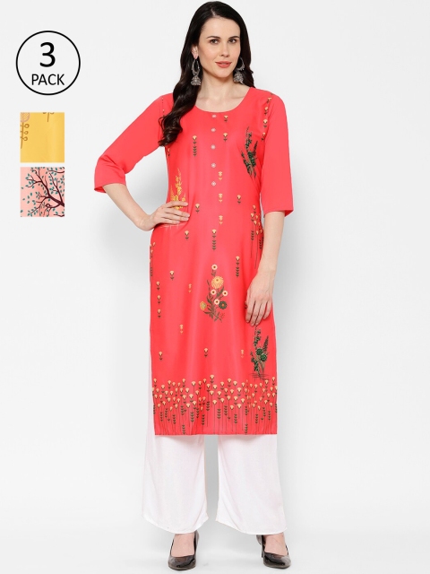

7Threads Women Pack Of 3 Printed Straight Kurtas, Peach