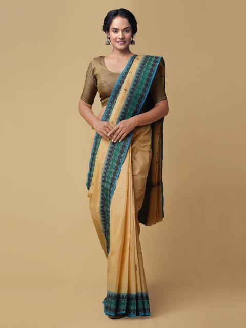 

Unnati Silks Cream-Coloured & Green Pure Cotton Woven Design Uppada Saree