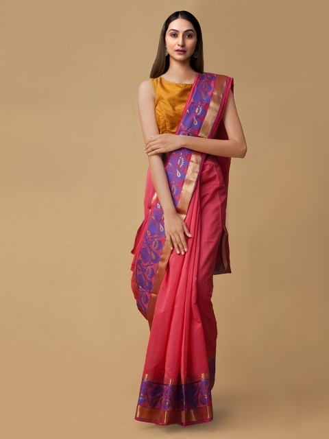 

Unnati Silks Pink Silk Cotton Solid Banarasi Saree
